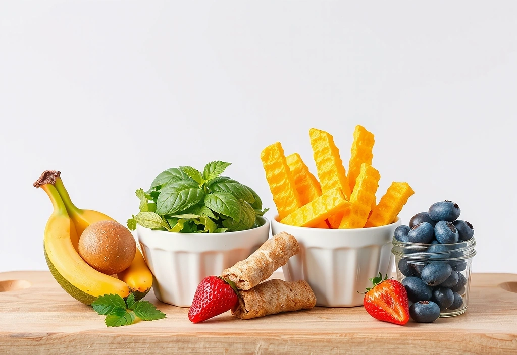 Verschiedene gesunde Snacks in kleinen Schalen, bereit zum Verzehr.