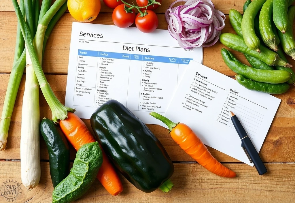 Ein detaillierter, farbenfroher Ernährungsplan mit Rezepten und Einkaufsliste auf einem Holztisch neben frischem Gemüse.