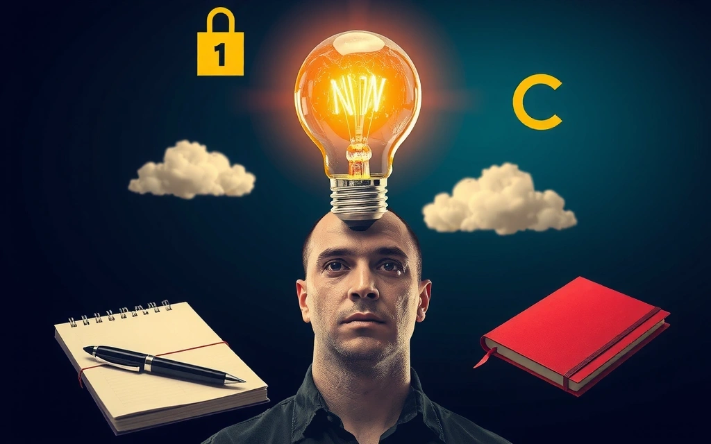 Ein kreativer Geist mit einer Glühbirne über dem Kopf, umgeben von Notizbüchern und einem Stift, symbolisiert Urheberrecht und geistiges Eigentum.